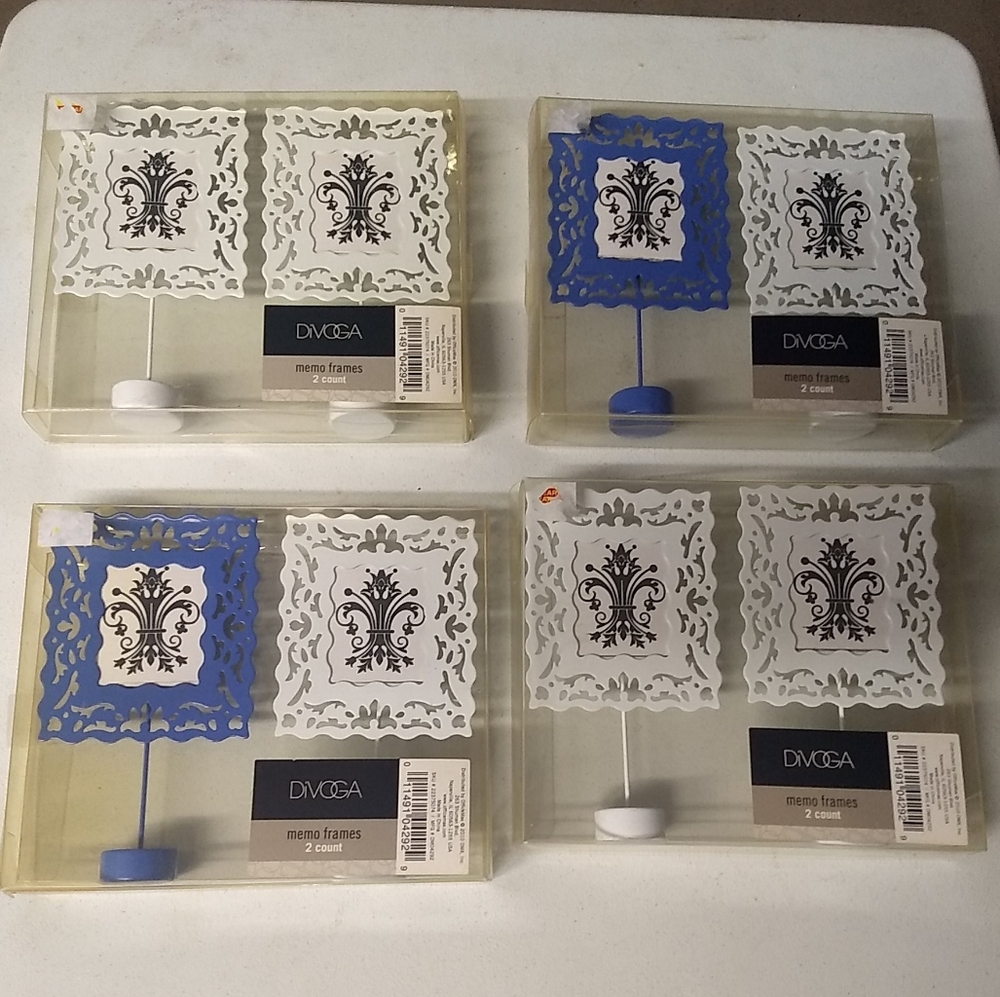 Lot of 4 Duo Packs Divoga Memo Photo Frames Blue & White Metal 5.5"hx3"w-8 Total